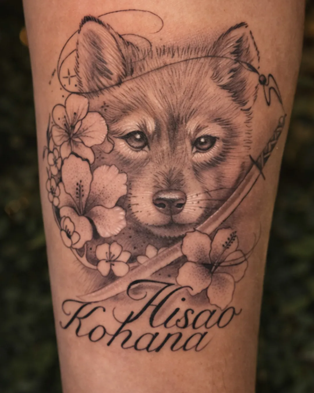 Portrait de shiba entouré de fleurs de frangipanier, avec deux prénoms calligraphiés