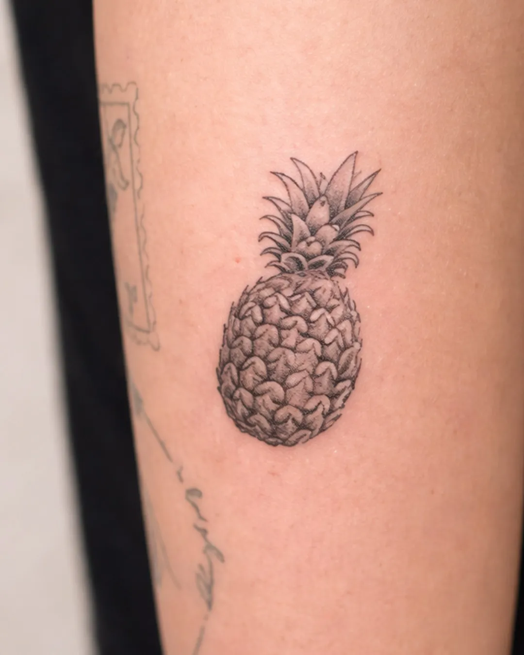 Ananas en pointillé, trait fin, sur le bras